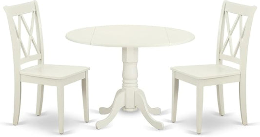 East West Furniture DLCL3-LWH-W 3 Piece Dining Room Table Set Contains a Round Dining Table with Dropleaf and 2 Wood Seat Chairs, 42x42 Inch, Linen White