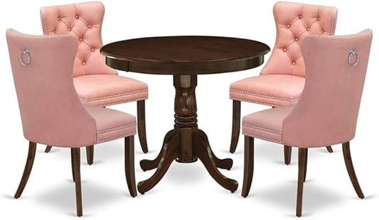 East West Furniture ANDA5-AWA-23 5 Piece Dinette Set Consists of a Round Dining Table with Pedestal and 4 Polyester Fabric Parson Kitchen Chairs, 36x36 Inch, Antique Walnut