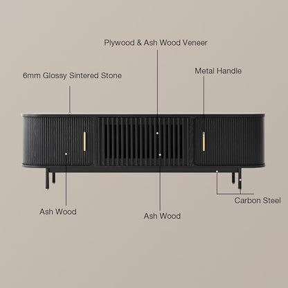 POVISON Sliding Tambour Door TV Stand, Mid Century Modern Sintered Stone TV Console, Wood Media Console for 85 Inch TV, Entertainment Center with Storage Cabinet, Fully-Assembled (Black, 94.49")