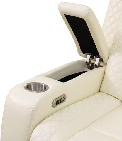 Electric Power Recliner Sofa Living Room Furniture, Comfy Home Theater Breathing Leather Seating with USB 2.0 Charging Ports, LED Light Strips, Fold-Down Table & Wireless Charging Device (White-2)