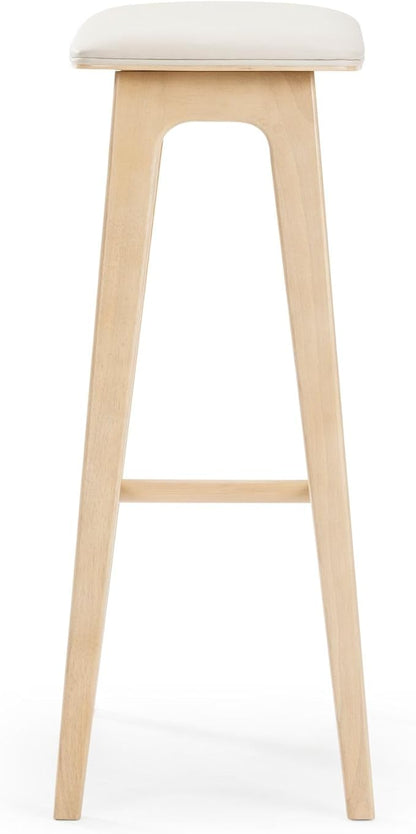 Plank+Beam Beryl Bar Height Stool - Mid-Century Modern Rubberwood Bar Stool with Faux Leather Seat, Metal Footrest, Easy Assembly, 4-Pack, Blonde/Sesame