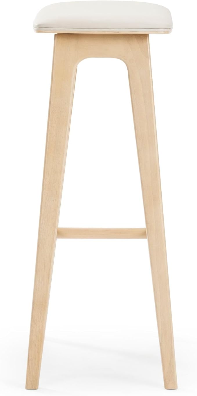Plank+Beam Beryl Bar Height Stool - Mid-Century Modern Rubberwood Bar Stool with Faux Leather Seat, Metal Footrest, Easy Assembly, 2-Pack, Blonde/Sesame