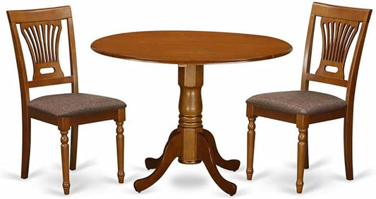 East West Furniture DLPL3-SBR-C 3 Piece Dining Room Table Set Contains a Round Kitchen Table with Dropleaf and 2 Linen Fabric Upholstered Dining Chairs, 42x42 Inch, Saddle Brown