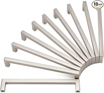 KOOFIZO Solid Square Bar Cabinet Handle - Brushed Nickel Furniture Pull, 6.3 Inch/160mm Screwhole Distance, 10-Pack for Kitchen Cupboard Door, Bedroom Dresser Drawer, Bathroom Wardrobe Hardware