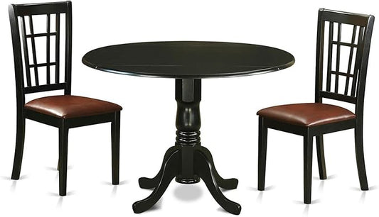 East West Furniture DLNI3-BLK-LC 3 Piece Dining Table Set for Small Spaces Contains a Round Dining Room Table with Dropleaf and 2 Faux Leather Upholstered Chairs, 42x42 Inch, Black