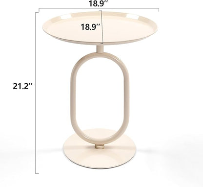 Lantern-Shaped Metal End Table, Small Round Side Accent Pedestal Modern Coffee Drink Cocktail Table for Living Room Corners Small Spaces(21.3'' Height,Cream White)