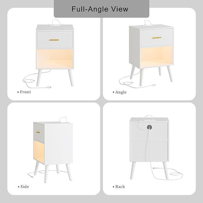 Nightstand with Charging Station and LED Lights, Small Side Table, Bedside Table with Drawer, Modern Night Stand, End Table for Bedroom, Living Room (White)