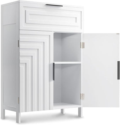 Storage Cabinet Bathroom Floor Cabinets with Drawer Freestanding Kitchen Cabinet Fluted Coffee Bar Cabinet for Living Room, Entryway, Garage Accent Storage Organization - 23.6x11.8x35.4- White