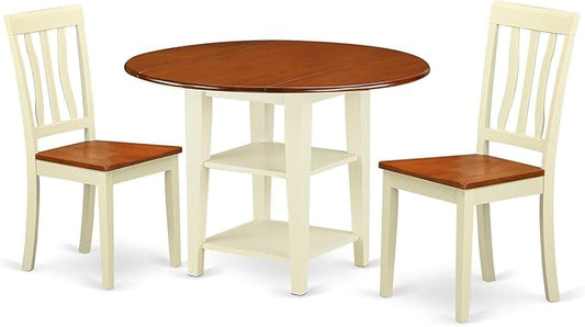 East West Furniture SUAN3-BMK-W 3 Piece Dining Room Table Set Contains a Round Dining Table with Dropleaf & Shelves and 2 Wood Seat Chairs, 42x42 Inch, Buttermilk & Cherry