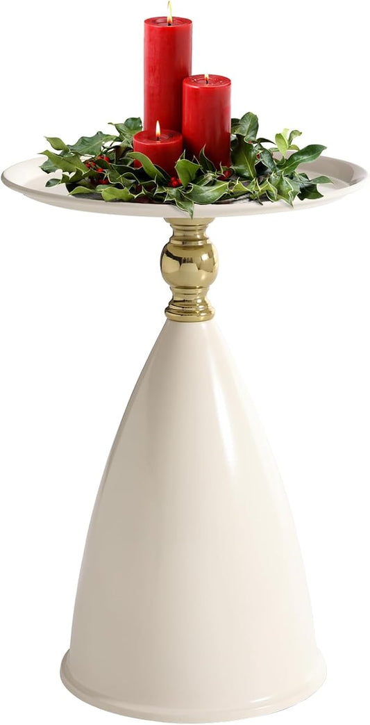 Small Round Side Table for Small Spaces, White Pedestal Modern Couch End Tables for Living Room, Unique Accent Sofa Drink Table Metal Martini Tables for Recliner, Bedroom