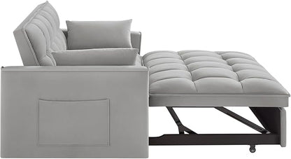 KEIKI Velvet Loveseat Convertible Sofa Bed Sleeper Chair with Adjustable Backrest, Pillows & Storage Pockets, 3 in 1 Pull-Out Couch Chaise Lounge Recliner for Living Room Balcony Bedroom, Grey