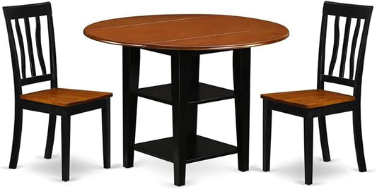 East West Furniture SUAN3-BCH-W 3 Piece Dining Room Table Set Contains a Round Dining Table with Dropleaf & Shelves and 2 Wood Seat Chairs, 42x42 Inch, Black & Cherry