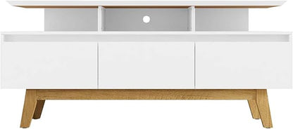 Manhattan Comfort Yonkers 63 Inch Mid Century Modern TV Stand with Storage, 3 Flip Down Door, Hole for Wire Management, Fits Up to 60" Television, Durable & Versatile Console Table, White