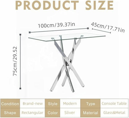 Tempered Glass Console Table with Chromed Legs, Modern Narrow Sofa Table for Hallway Entryway (Sliver, 39"x18"x30")