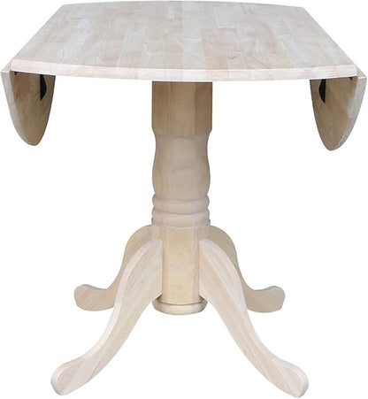 IC International Concepts, Round Dual Drop Leaf Pedestal Dining Table, Solid Real Wood, Sturdy Parawood, Dimensions 42"D x 42"W x 29.5"H, 40lbs Capacity, Paint/Stain Ready, Unfinished