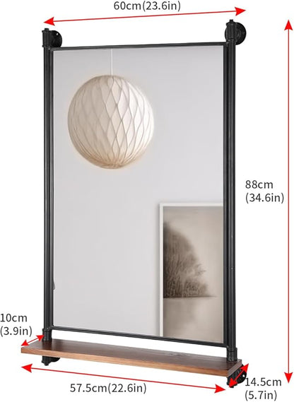 Industrial Pipe Mirror Wood Shelves,Bedroom Mirror with Shelf,Rectangle Iron Wall Mirrors for Living Room Bedroom(34.6 x 23.6 in)