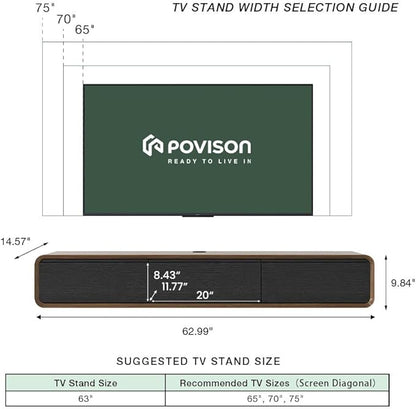 POVISON Fully Assembled Floating TV Stand with LED Lights, 63" Modern Wall-Mounted Media Console with 3 Flip-Down Cabinet Doors, Solid Wood Floating Entertainment Center for 55 Inch TV