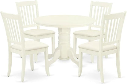 East West Furniture SHDA5-WHI-C 5 Piece Modern Dining Table Set Includes a Round Kitchen Table with Pedestal and 4 Linen Fabric Kitchen Dining Chairs, 42x42 Inch, Linen White