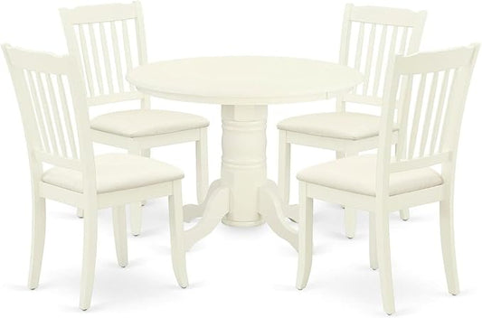 East West Furniture SHDA5-WHI-C 5 Piece Modern Dining Table Set Includes a Round Kitchen Table with Pedestal and 4 Linen Fabric Kitchen Dining Chairs, 42x42 Inch, Linen White