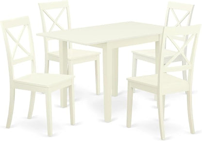 East West Furniture NDBO5-LWH-W 5 Piece Dining Room Table Set Includes a Rectangle Dining Table with Dropleaf and 4 Wood Seat Chairs, 30x48 Inch, Linen White
