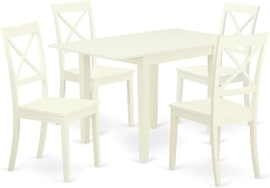 East West Furniture NDBO5-LWH-W 5 Piece Dining Room Table Set Includes a Rectangle Dining Table with Dropleaf and 4 Wood Seat Chairs, 30x48 Inch, Linen White