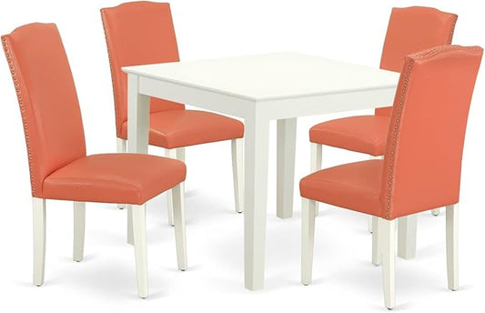 East West Furniture OXEN5-LWH-78 5 Piece Modern Dining Table Set Includes a Square Wooden Table and 4 Pink Flamingo Faux Leather Upholstered Chairs, 36x36 Inch, Linen White