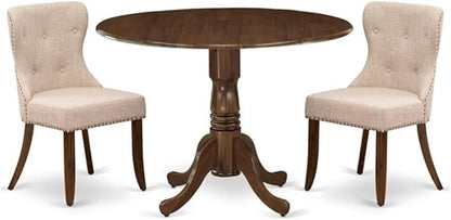 East West Furniture DLSI3-AWA-04 3 Piece Dining Set Contains a Round Kitchen Table with Dropleaf and 2 Upholstered Parson Chairs, 42x42 Inch, Antique Walnut