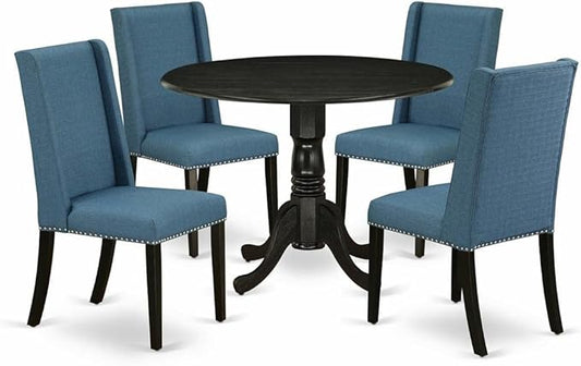 East West Furniture DLFL5-ABK-21 5 Piece Dining Room Table Set Includes a Round Dining Table with Dropleaf and 4 Blue Linen Fabric Upholstered Parson Chairs, 42x42 Inch, Wirebrushed Black