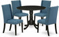 East West Furniture DLFL5-ABK-21 5 Piece Dining Room Table Set Includes a Round Dining Table with Dropleaf and 4 Blue Linen Fabric Upholstered Parson Chairs, 42x42 Inch, Wirebrushed Black