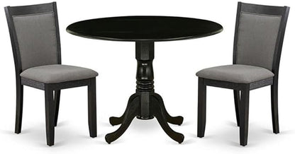 East West Furniture DLMZ3-AB6-50 3 Piece Dining Table Set Contains a Round Dining Room Table with Dropleaf and 2 Dark Gotham Grey Linen Fabric Upholstered Chairs, 42x42 Inch, Wirebrushed Black