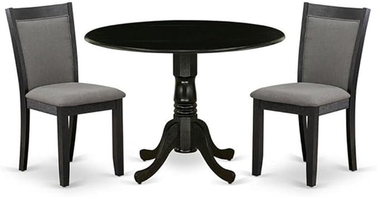 East West Furniture DLMZ3-AB6-50 3 Piece Dining Table Set Contains a Round Dining Room Table with Dropleaf and 2 Dark Gotham Grey Linen Fabric Upholstered Chairs, 42x42 Inch, Wirebrushed Black