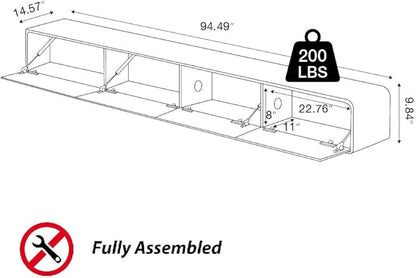 Minimalist Floating TV Stand with LED Lights, Modern Wall-Mounted Media Console with 4 Flip-Down Cabinet Doors for 85 Inch TV, Fully-Assembled, Black Oak, 94"