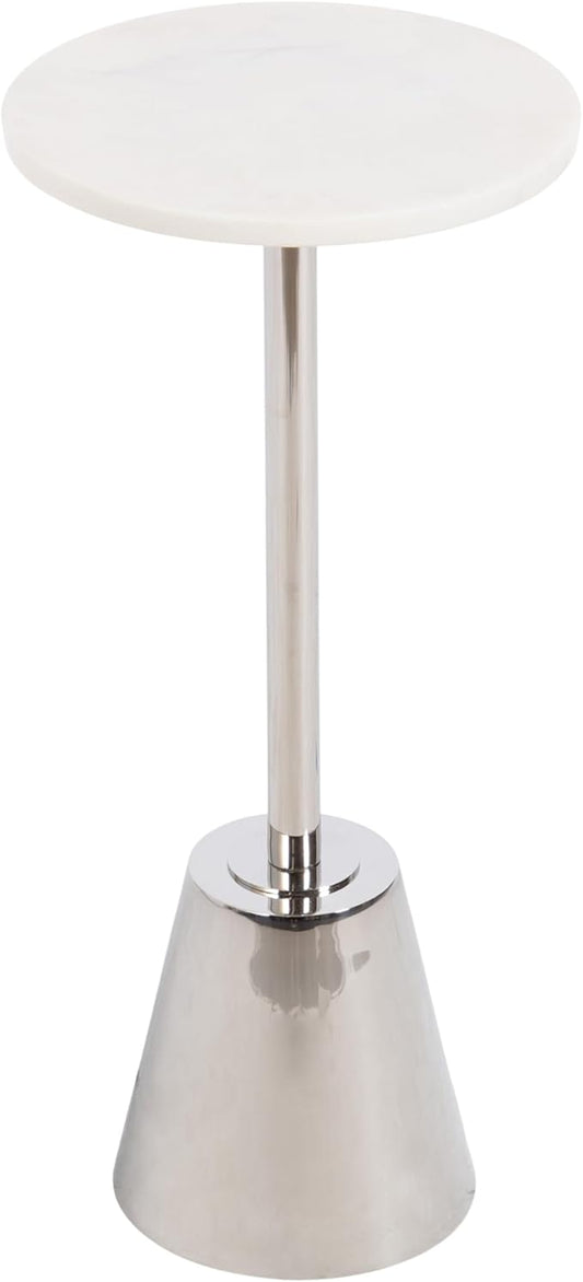 Kate and Laurel Tira Elegant Round Drink Table, 10 x 22, White Marble and Silver, Modern Glam Circle Martini Table for Use as a Small Bedroom Nightstand or Living Room Plant Stand Option