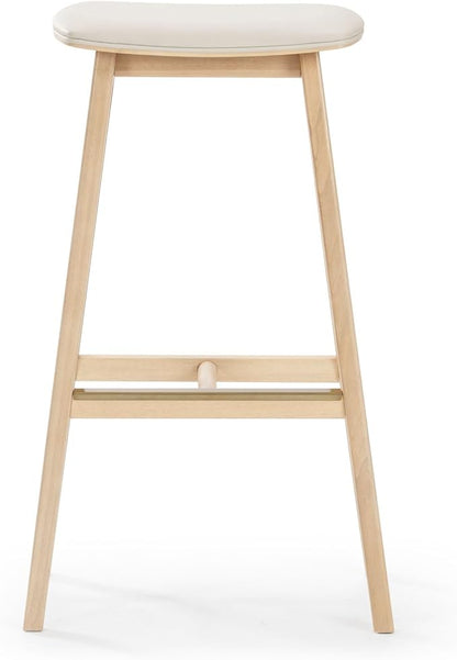 Plank+Beam Beryl Bar Height Stool - Mid-Century Modern Rubberwood Bar Stool with Faux Leather Seat, Metal Footrest, Easy Assembly, 4-Pack, Blonde/Sesame