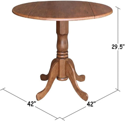 IC International Concepts 42-Inch Round Dual Drop Leaf Pedestal Dining Table, Elegant Space-Saving Furniture for Home and Office - Distressed Oak Finish