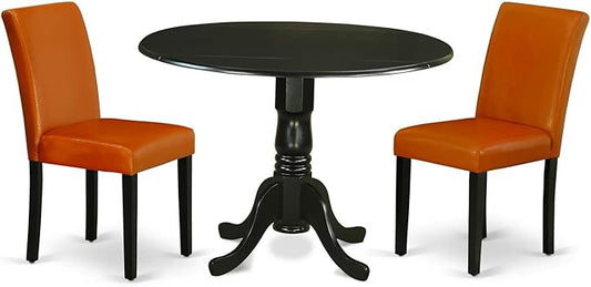 East West Furniture DLAB3-BLK-61 3 Piece Kitchen Table & Chairs Set Contains a Round Dining Room Table with Dropleaf and 2 Baked Bean Faux Leather Upholstered Chairs, 42x42 Inch, Black