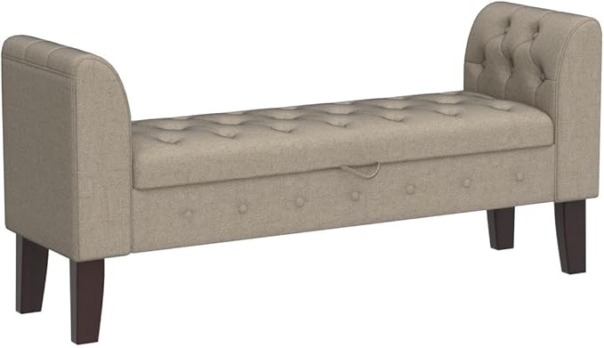 Awonde Upholstered Storage Bench with Arms Ottoman Bench for Bedroom Entryway Living Room Khaki