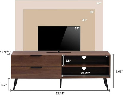 HollyHOME Wood TV Stand for TVs up to 65", Mid Century TV Stand with Storage, Modern Entertainment Center with 2 Drawers, Accent TV Media Console Table for Living Room, 53"(L), Retro Brown
