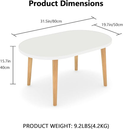 Oval Coffee Table Low Table with 4 Solid Wood Sturdy Legs, Floor Table Desk for Sitting on The Floor, Storage and Living Room Furniture (White)