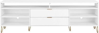 Manhattan Comfort Dumbo Mid Century Modern TV Stand for Televisions up to 80 Inches, Home Entertainment Center with Storage, 6 Shelves, 2 Drawers, No Tool Assembly, 85" Wide, White