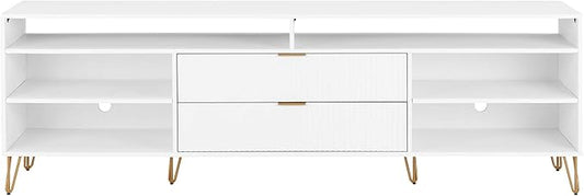 Manhattan Comfort Dumbo Mid Century Modern TV Stand for Televisions up to 80 Inches, Home Entertainment Center with Storage, 6 Shelves, 2 Drawers, No Tool Assembly, 85" Wide, White