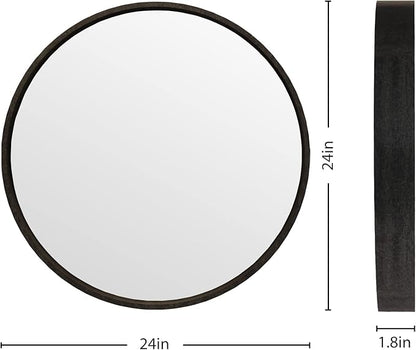 HOMECOOKIN Wood Round Wall Mirror, Large Circle Rustic Accent Decor Mirror, Hanging Bathroom with Frame for Living Room, Bedroom, Entryway, 24 inch, Black
