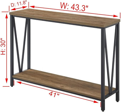 FOLUBAN Rustic Sofa Console Table, 2-Tier Industrial Entryway Hallway Table for Living Room, Oak