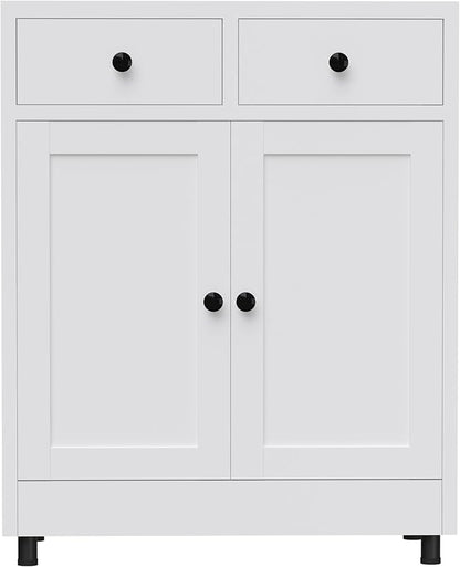 Metal Storage Cabinet with 2 Drawers and Adjustable Shelf, Sideboard Buffet Cabinet for Home, Office, Hallway, Entryway, Living Room, Kitchen Pantry and Dining Room (34.8" H, with Feet, White)