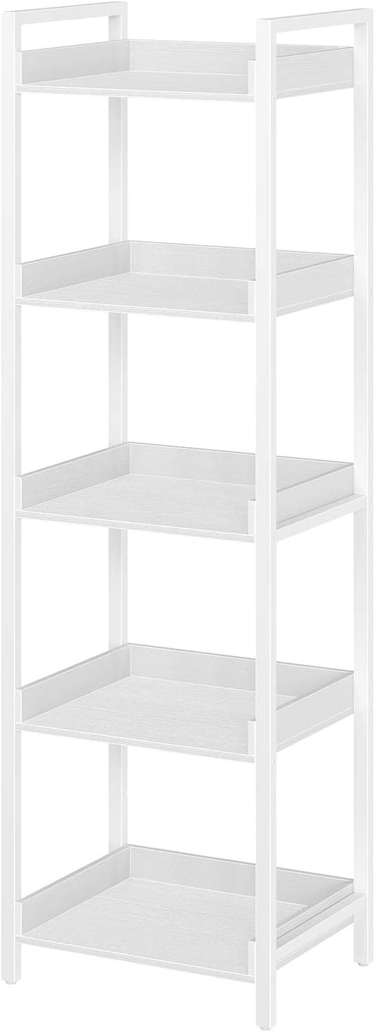 Rolanstar Bookshelf, 5-Tier Storage Rack, Narrow Corner Bookshelf, Display Wooden Shelves for Living Room, Bathroom, Balcony, Kitchen,White