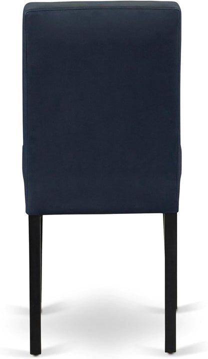 East West Furniture DLAS3-BLK-09 3 Piece Dining Table Set consists A Wood Table and 2 Dark Navy Blue Polyester Fabric Parson Dining Chair with Stylish Back- Black Finish