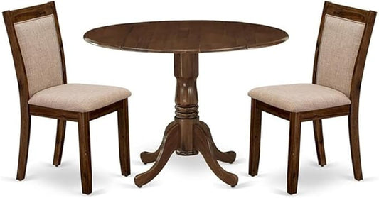 East West Furniture DLMZ3-AWN-04 3 Piece Dinette Set for Small Spaces Contains a Round Dining Table with Dropleaf and 2 Light Tan Linen Fabric Parsons Dining Chairs, 42x42 Inch, Natural Walnut