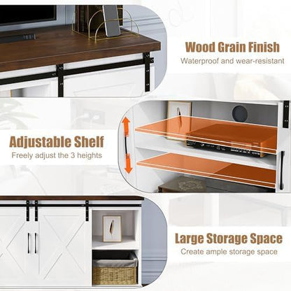 IDEALHOUSE Farmhouse Tv Stand for 65 inch TVs, Entertainment Center with Sliding Barn Doors and Adjustable Shelf, Modern Storage Media TV Console TV Stand Table for Living Room, Bedroom, White & Brwon