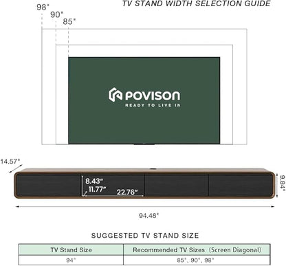 Minimalist Floating TV Stand with LED Lights, Modern Wall-Mounted Media Console with 4 Flip-Down Cabinet Doors for 85 Inch TV, Fully-Assembled, Walnut Veneer, 94"