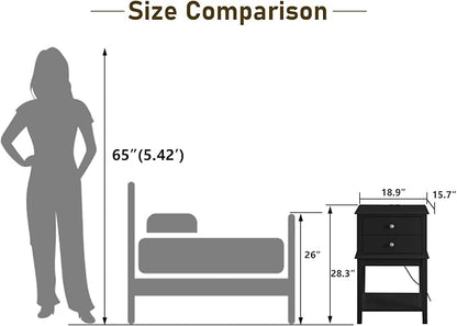 conifferism Black Nightstand, 28" Tall Bedroom Night Stand with Charging Station, Large Sofa Side Table 2 Drawers, Modern Bedside End Table with USB Ports Living Room